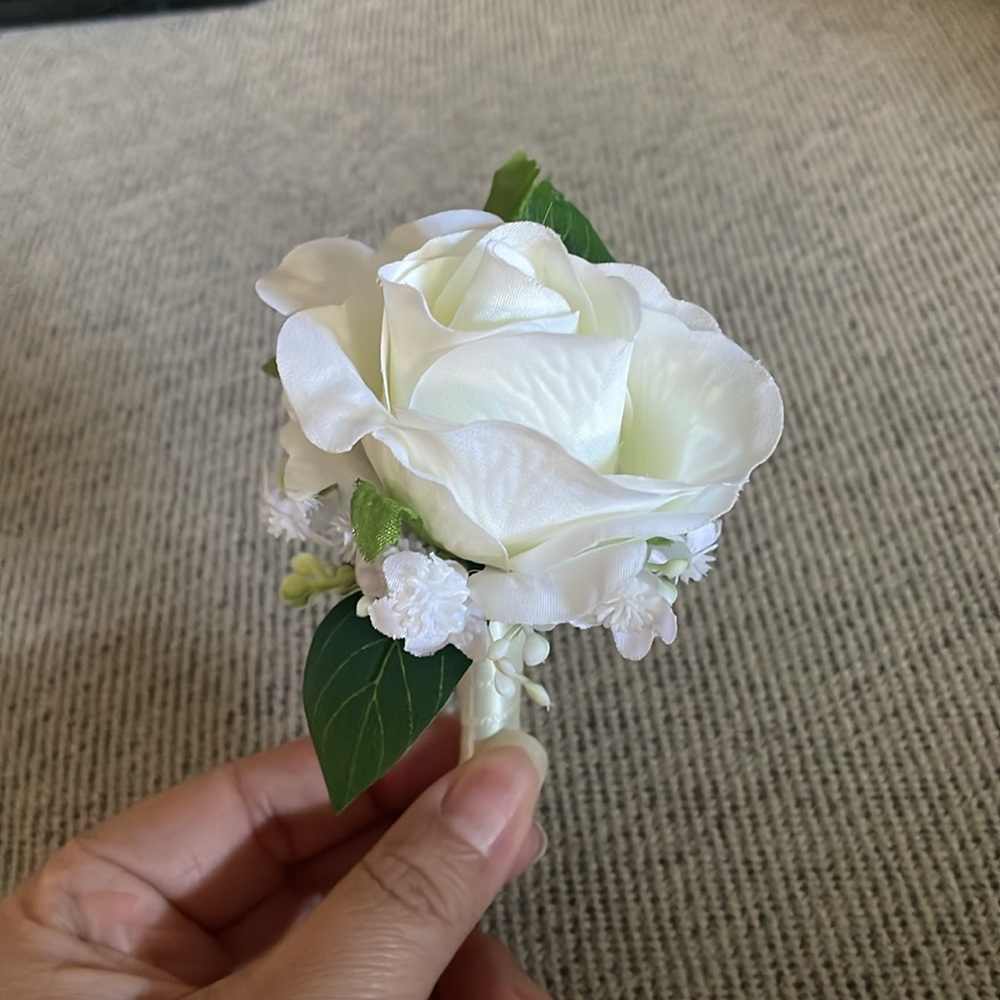 Set of 6 White Rose Boutonnière - faux floral boutonnières weddings prom formals